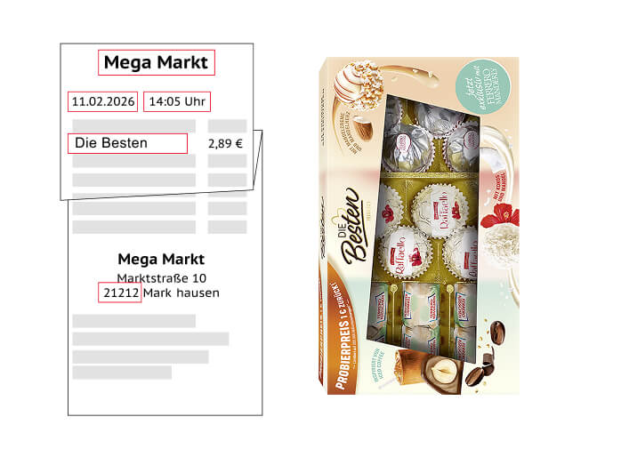 Kassenbon Beispiel Bild mit Datum, Uhrzeit, Postleitzahl und Aktionsprodukt